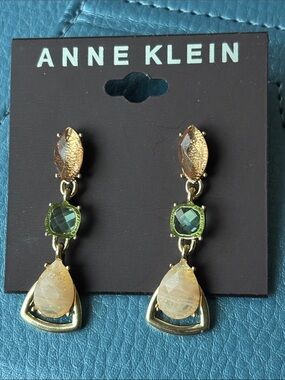 Anne Klein Gold-tone Drop Earrings with Green and Champagne Stones